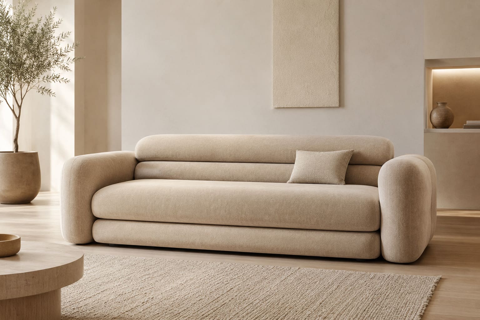 Three-seat sofa in a soft oatmeal weave with one long back bolster, thick rounded arms and a single deep seat cushion on a two-tier base, in a plaster-walled room with a cream textured rug.