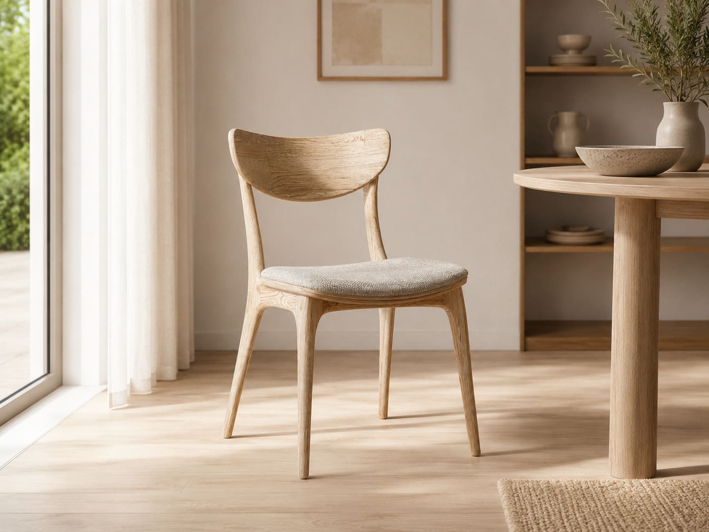 Dining chair with a pale oak frame and tapered legs, carrying a curved shaped back rail and a light grey upholstered seat pad, standing on a wood floor beside a round table.
