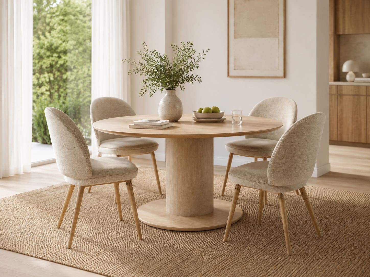 Round dining table in pale oak on a cylindrical pedestal with a disc base, set with four beige upholstered chairs on tapered wood legs, standing on a jute rug.