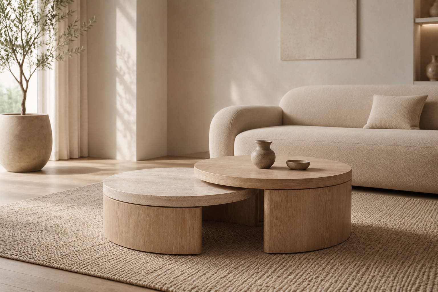 Nesting round coffee tables on oak drum bases — a taller oak top beside a lower speckled travertine top — standing on a jute rug in front of a cream sofa.