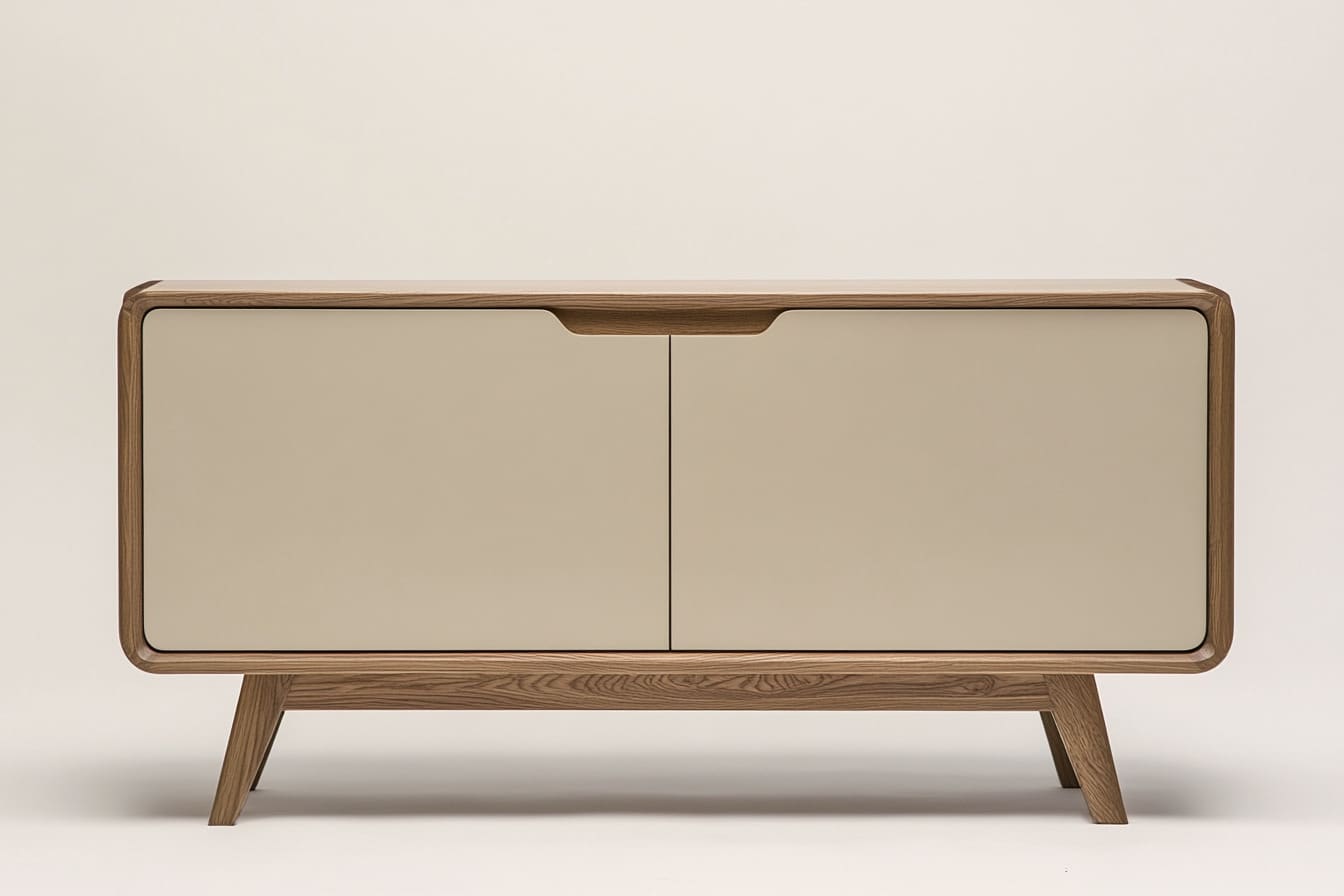 Product visualisation of a two-door sideboard seen square-on: a white-oiled oak carcass and splayed legs, with matte putty-coloured fronts and a recessed finger pull cut into the top rail.